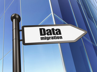 Information concept: sign Data Migration on Building background