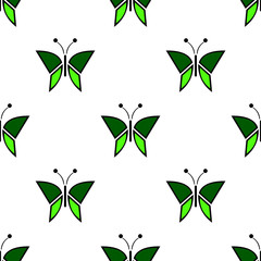 Seamless vector pattern with insects, symmetrical background with green butterflies. Decorative repeating ornament