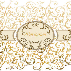 Damask Invitation card with golden classic royal ornaments in white. Vector