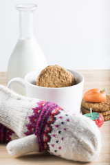 Breakfast with fresh milk, biscuits and candy during the winter cold