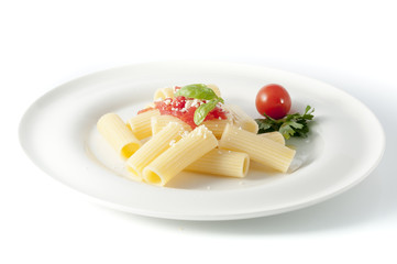rigatoni pasta with chopped tomatoes, basil, Parmesan cheese and extra virgin olive oil
