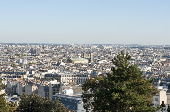 Panoramic view of Paris photographed from above in the Montmartre