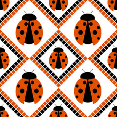 Seamless vector pattern with insects, symmetrical geometric red background with ladybugs. Decorative repeating ornament
