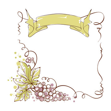 Wine label with a bunch of grapes and ribbon, vector illustration.