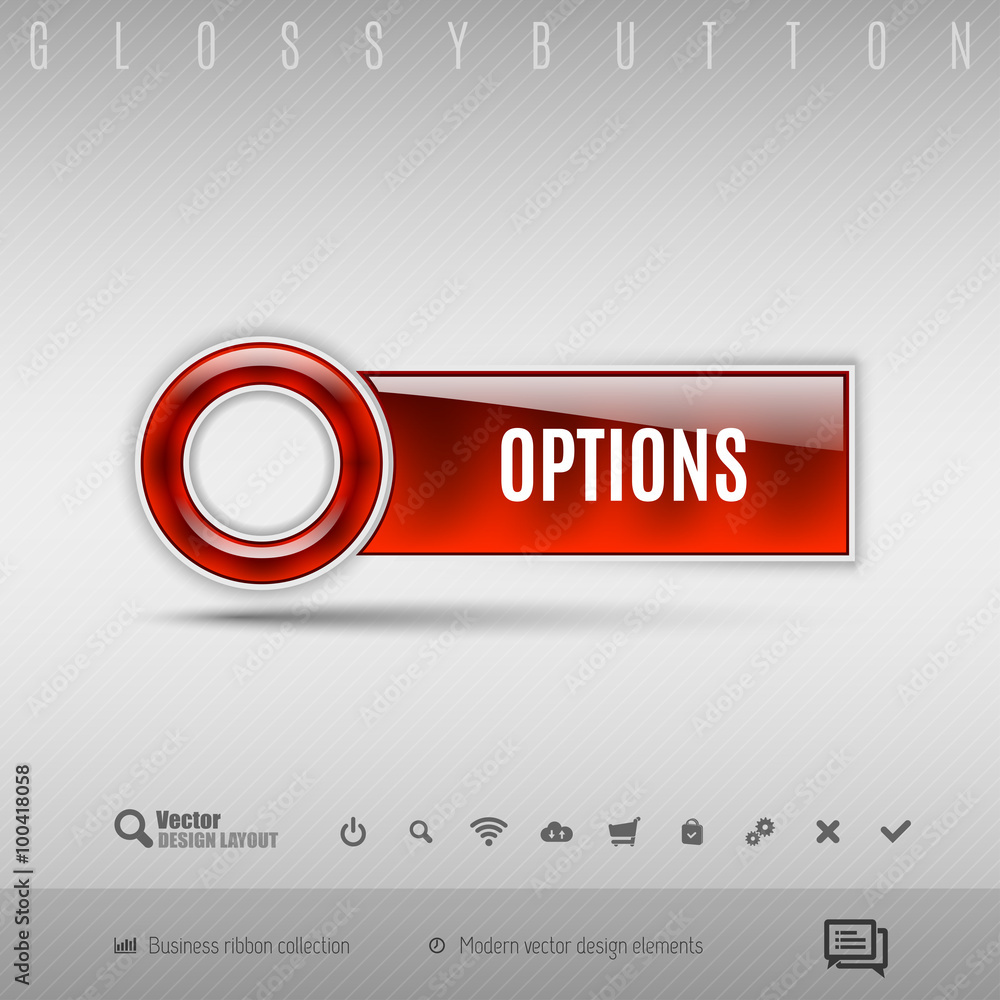 Aufkleber red plastic button on the gray background. vector design element