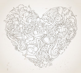 Vintage hand-drawn doodles heart background in sepia.