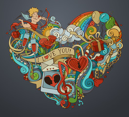 Colourful romantic background with hand-drawn elements.