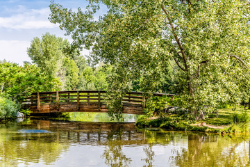 Fototapeta na wymiar Wood Bridge Over Calm Lake