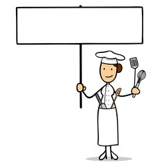 Köchin für Catering hält Schild hoch