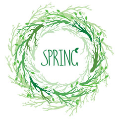 Spring wreath with branches and leaves. Vector hand drawn tree