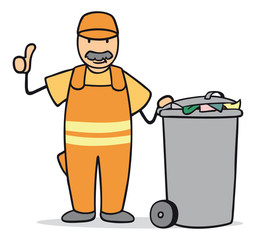 Cartoon Mann von Müllabfuhr hält Daumen hoch