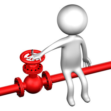 3D Man with pipeline with valve