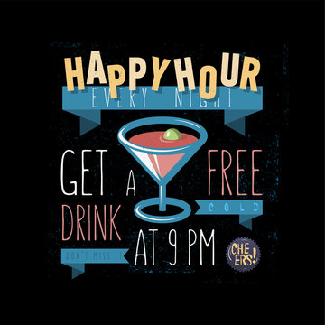 Happy Hour. Get A Free Drink. Vector Cartooned illustration.