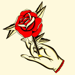 Mano con rosa rossa Illustrazione Tatuaggio in stile old school