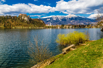 Fototapeta na wymiar Bled Lake And Bled Castle With Mountain-Slovenia