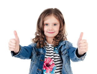 Cute smiling little girl with two fingers up