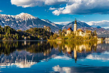 Bled Lake,Island,Church,Castle,Mountain-Slovenia - obrazy, fototapety, plakaty