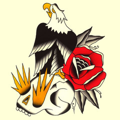 aquila con teschio e rosaIllustrazione Tatuaggio in stile old school