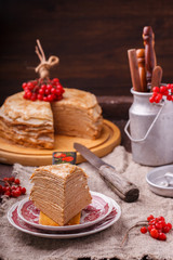 Layered cake made of pancakes.Shrovetide,a traditional Russian holiday.selective focus.
