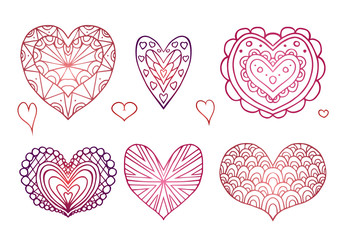 Fototapeta na wymiar Set of contours of the doodle hearts decorated boho patterns 