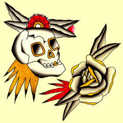 teschio con rosa Illustrazione Tatuaggio in stile old school