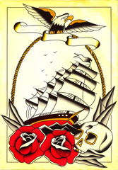 Veliero con teschio e rose Illustrazione Tatuaggio in stile old school