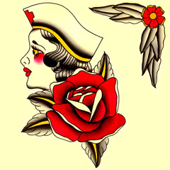 infermiera con rosa Illustrazione Tatuaggio in stile old school