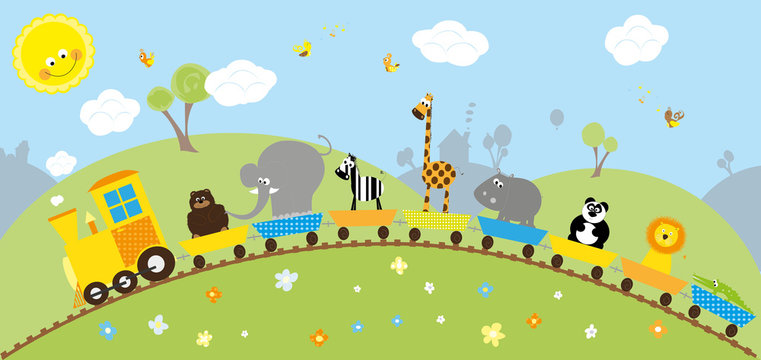 wild animals train on the colorful bakcground with smiling sun, flowers, hills, trees and the blue sky 