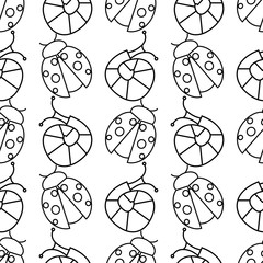 Seamless vector pattern with insects, symmetrical black and white background with ladybugs and snails.