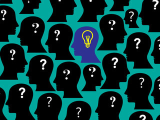 human head collection with question mark and bulb, this also represents only one person having solution, idea in a group of people, teacher, students, leader, teamwork, team leader