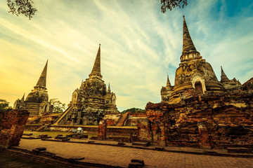 Asian religious architecture. Ancient Buddhist pagoda ruins at Wat Phra Sri Sanphet Temple in Ayutthaya, Thailand 