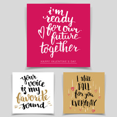 Brush calligraphy love cards set. Handwritten text isolated on white background for happy Valentine's day cards, wedding cards, t-shirts or posters