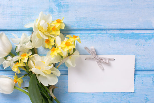 White and yellow  narcissus and tulips  flowers and empty tag  o