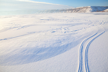ski traces on the snow 