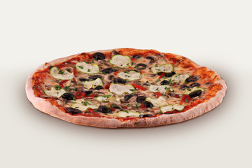 Vegetarian Pizza Isolated On The White Background. With Mozzarella Cheese, Green Peppers, Fresh Tomatoes, Zucchini, Olives and Fresh Mushrooms