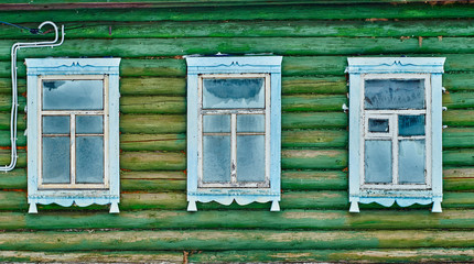 Windows of russian traditional village house   