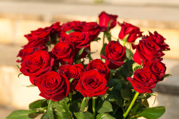 bouquet of blossoming dark red roses