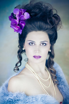 Photo art portrait of the female. Vintage portrait for the glossy magazine. Jewelry and Beauty. Fashion art photo