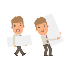 Funny Character Broker holds and interacts with blank forms or o