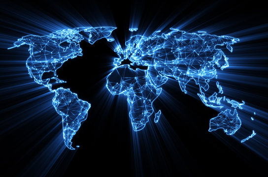 Fototapeta glowing blue worldwide web on world map concept