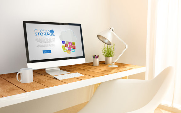 minimalist workplace with cloud storage computer