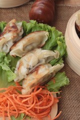 Fried gyoza and sauces - traditional Japanese food.