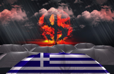 Protection Umbrella with flag of GREECE on a money war background