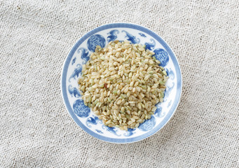 The blue and white porcelain plate with brown rice.