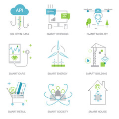Smart city and internet of things line icons.