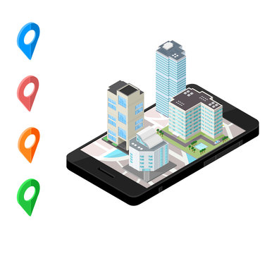 Isometric Smart Phone Locator -  Urban City Map.
vector illustration of a mobile phone with Navigator map.