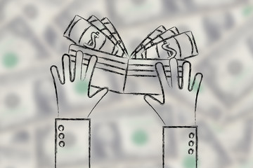 flat illustration of hands holding a wallet full of cash on blur