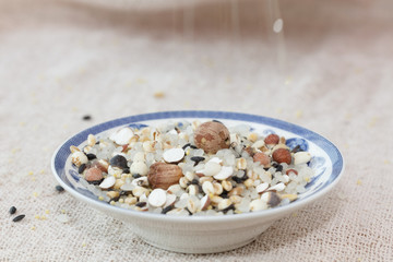 The blue and white porcelain plate with  all kinds of grain.