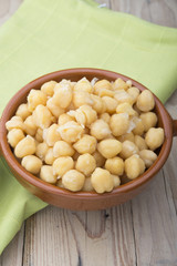 Chickpeas on glass bowl on wooden table