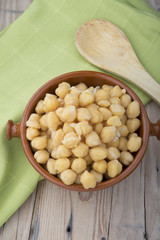 Chickpeas on glass bowl on wooden table